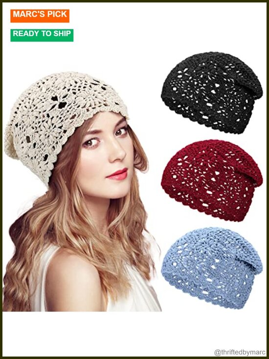 4 Pcs Women Crochet Slouchy Beanie Hat Handmade Knit Floral Polyester Cutout
